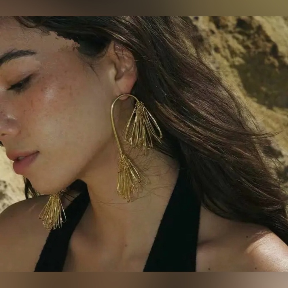 Gold Drop Flower Abstract Earrings